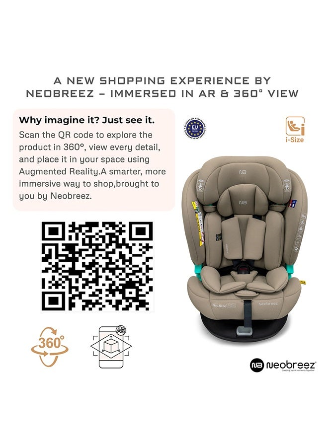 neobreez مقعد سيارة للأطفال Neobreez i-GUARDIA 360° ISOFIX i-Size، مقعد قابل للتحويل للأطفال، ECER129، قابل للإمالة والتعديل، حماية من الصدمات الجانبية، 0-12 سنة، 0-36 كجم، المجموعة 0 +/1/2/5 - بيج - Image 2